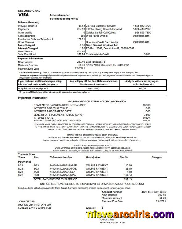 USA Wells Fargo bank credit card statement excel pdf